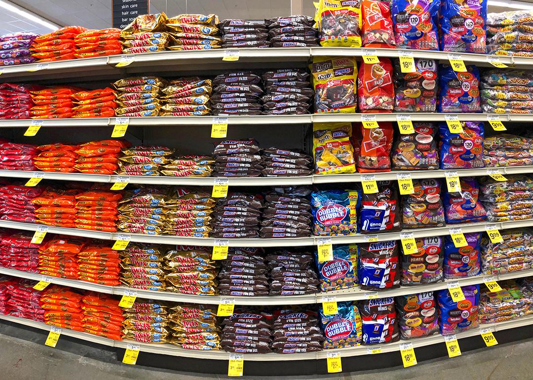 Halloween candy display with price signage in a retail aisle