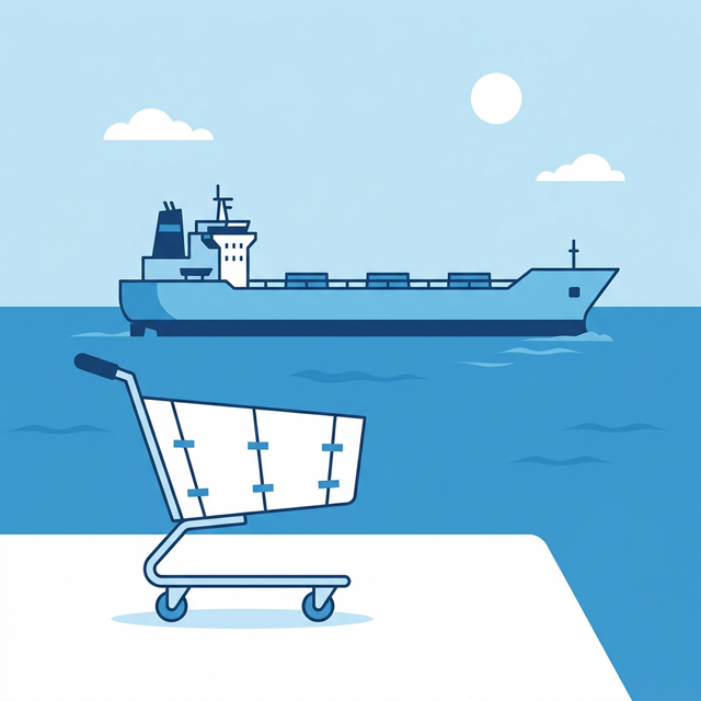 Minimalist illustration of a shopping cart with an oil tanker ship in the background